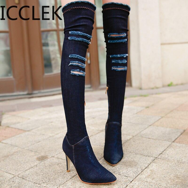 2020 Women Denim Over The Knee Boots 