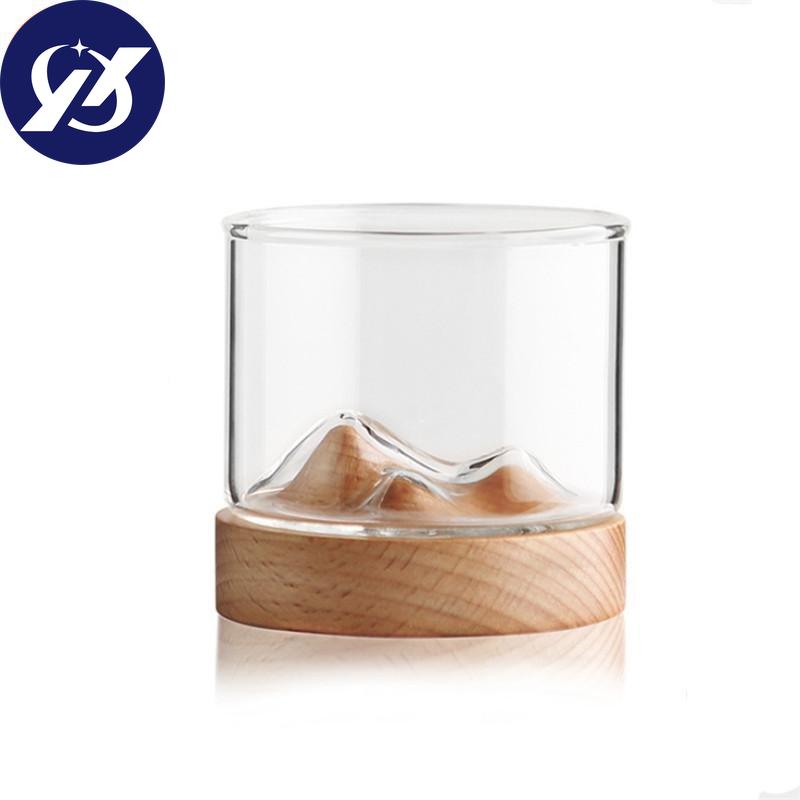 120ML Transparent Mountain W skey Glass with Wooden Base Heat Resistant Beer Glass Wine Water Tea Cup Set Bar Drinkware