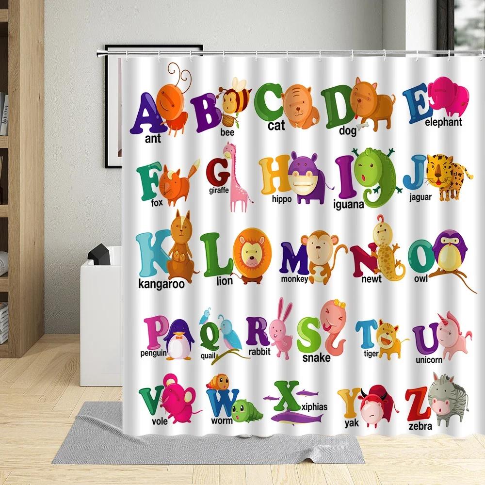 Cartoons Funny Animal Alphabet Shower Curtain Kids Learning Baby Child Bathroom Decor Screens Waterproof Bath Curtains With Hook