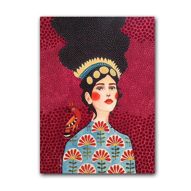 Abstrakcyjna dziewczyna z kwiatami Kolorowe długie włosy Plakat skandynawski Kobieta Malarka na płótnie ściennym