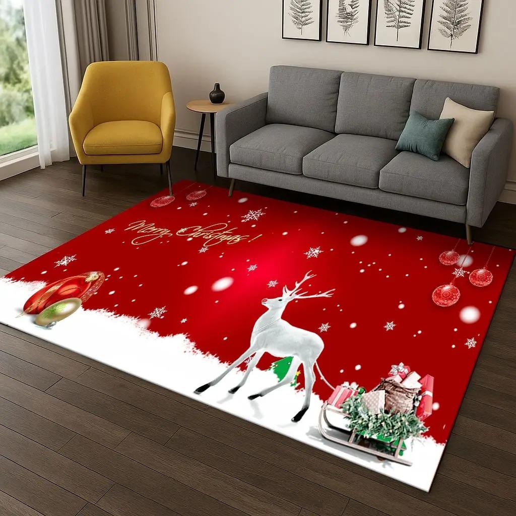 Fröhlicher Weihnachtsbaum Weihnachtsmann Cartoon Teppich für Wohnzimmer Schlafzimmer Fußmatte Küche Heimdeko Rutschfeste Bodenmatte