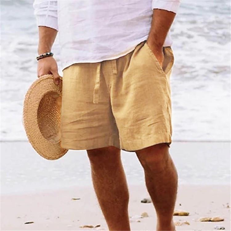 Men's 2025 Summer Cotton Linen Shorts: Elastic Waist, Straight Leg, Solid Color, Breathable, Casual Beach Mid-Shorts