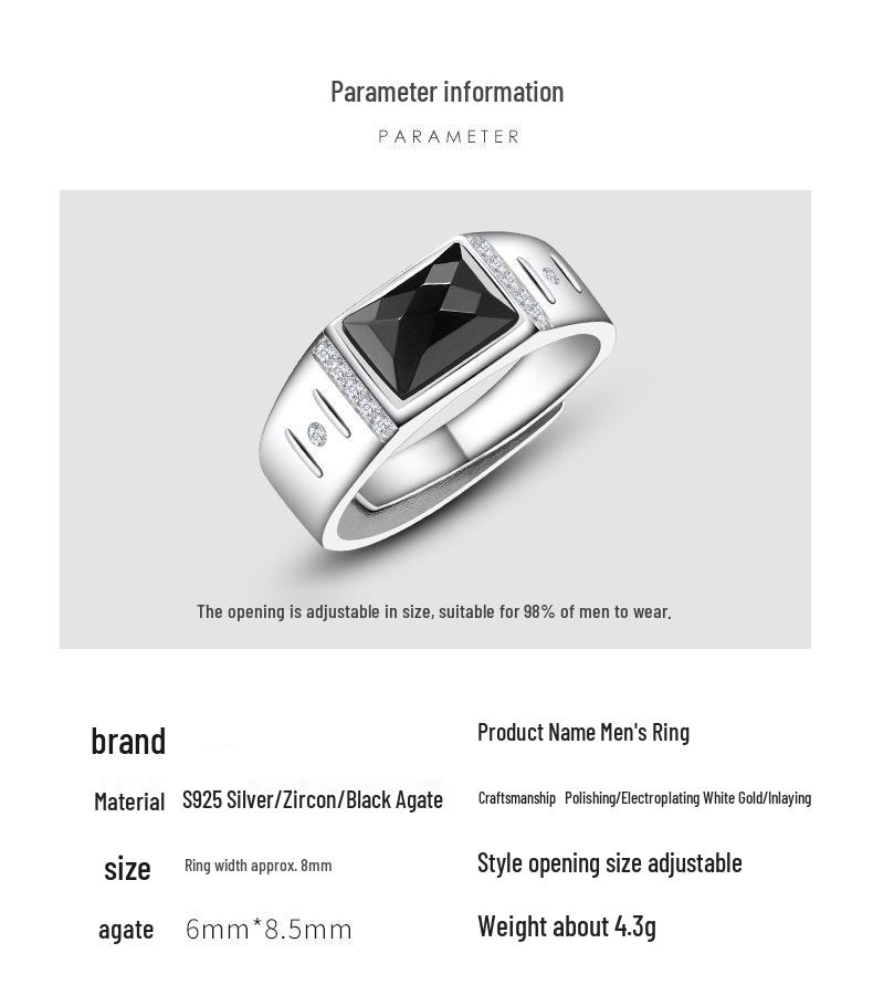 Men's Sterling Silver 925 Black Agate White Gold Plated Open Ring