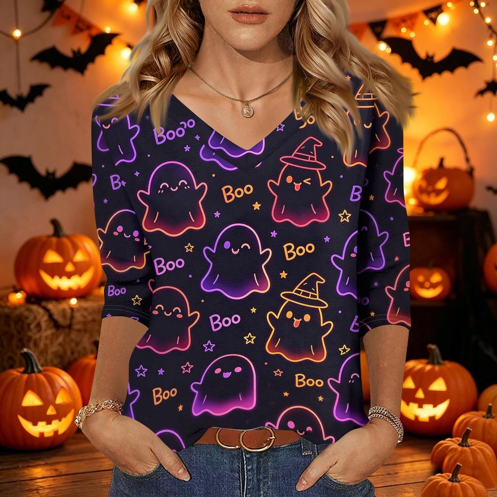 Damen Freizeit V-Ausschnitt Dreiviertelarm Oberteil Halloween Kürbisdruck Leichte Bluse für Herbst und Alltag
