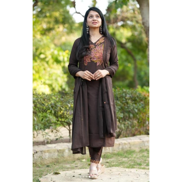 Beautiful Brown Cotton Kurti Pant Dupatta Set Indian Designer Ethnic Kurta Set