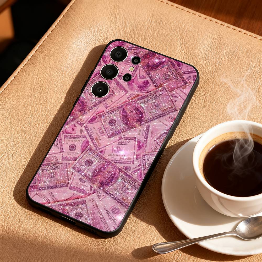 P-Pink D-Dollars Banknote Phone Case For Samsung S25,S24,S21,S22,S23,S30,Ultra,S20,FE,Lite,10,9,Black Cover