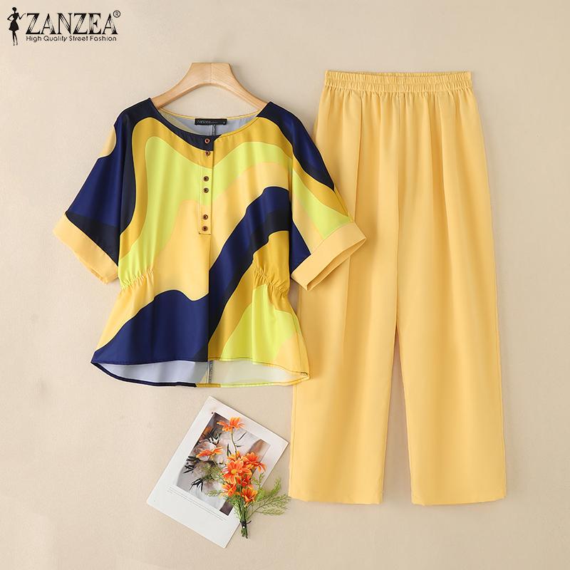 ZANZEA Women Short Sleeve Print Blouse and Pants Summer Two Piece Suit Sets