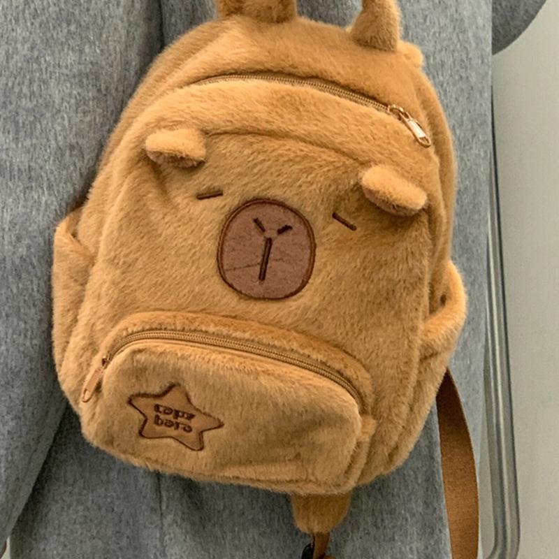Cartoon Plush Capybara Animal Backpack for Teens Multiple Pockets Student School Bag Zippered Crossbody Shoulder Bag