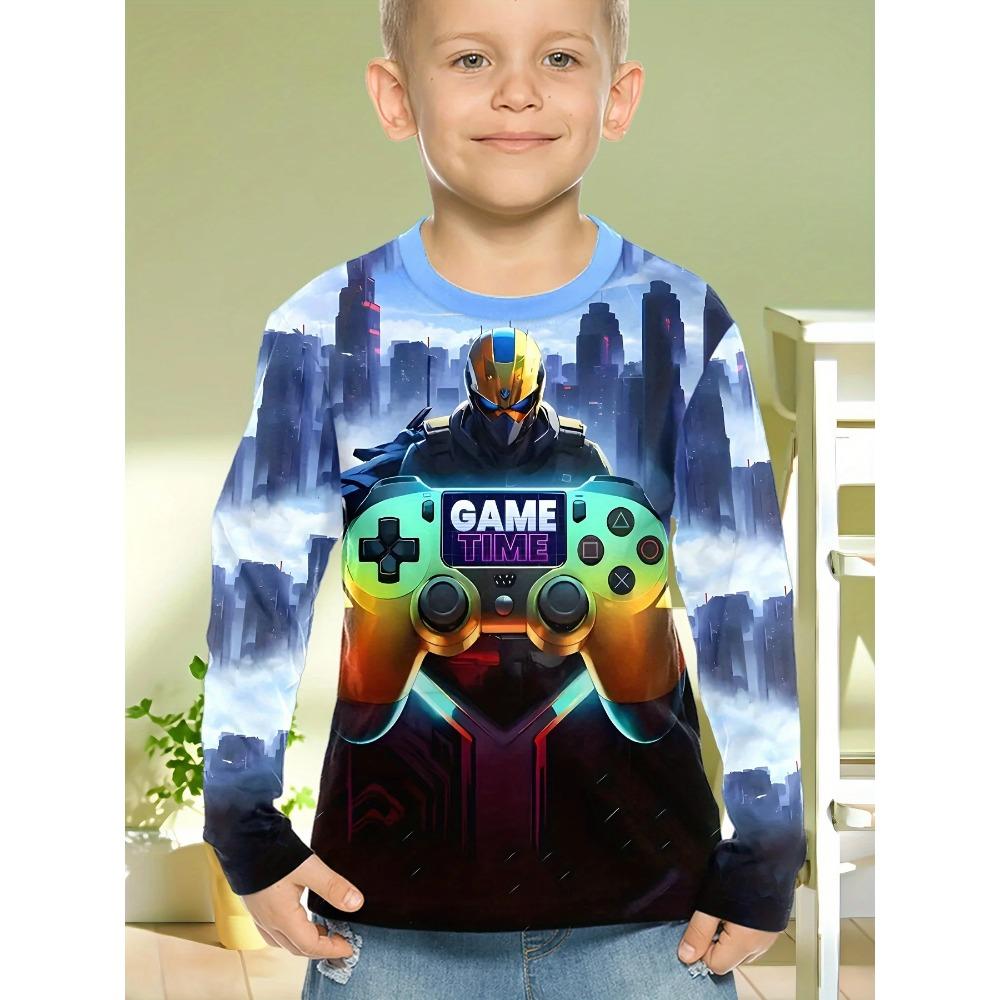 Spring and Autumn Round Neck 3D Gamepad Pattern Printed Top Fashionable Casual Long Sleeved Children's Boy T-shirts