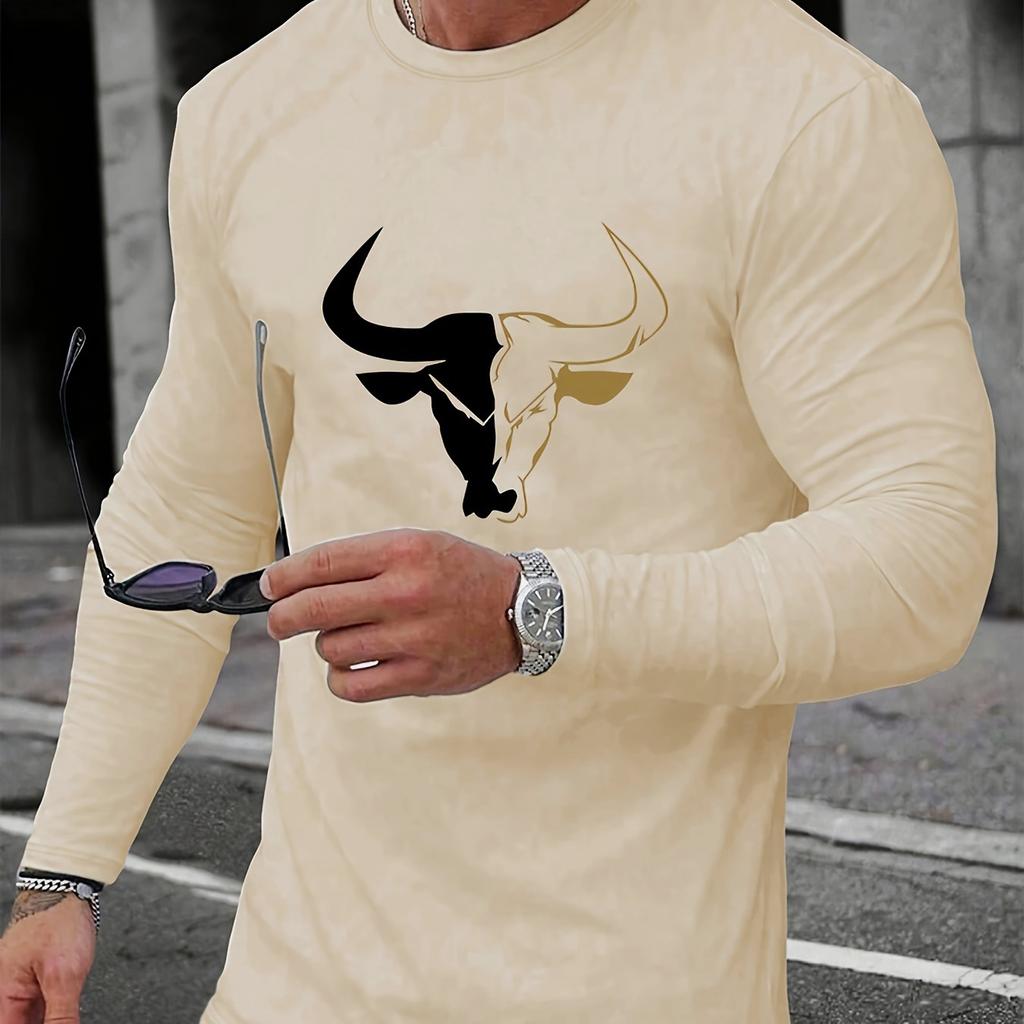 Spring and Autumn Round Neck 3D Bull Head Graphic Printed Top Fashionable Casual Long Sleeved Men's T-shirts