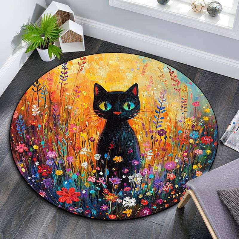 Black Cat in Flowers Round Area Rug,Carpet Rug for Living Room Bedroom Sofa Playroom Decor,Non-slip Floor Mat