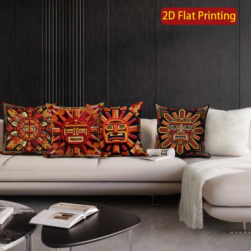 2D Aztec Sun God Print Decorative Pillow Covers Pattern Cushion Cover Suitable For Sofa Bedroom Car Pillow Cover
