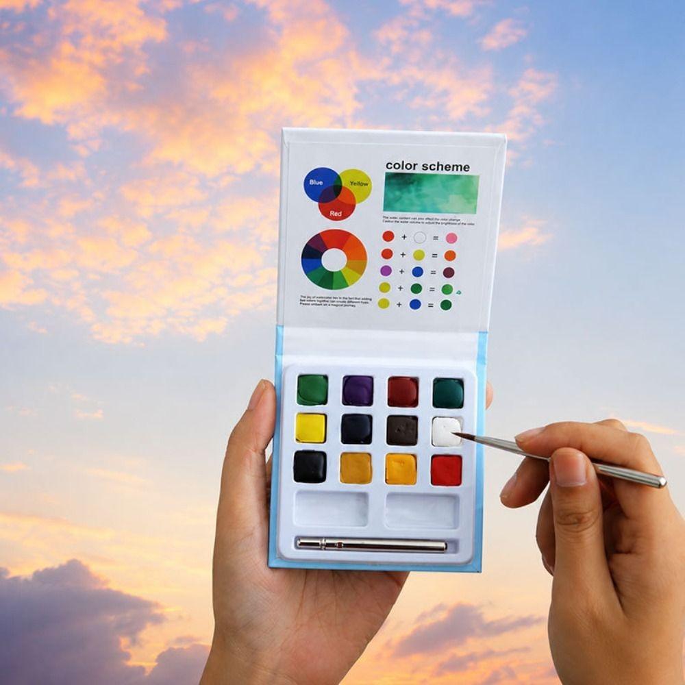 12 Colors Solid Watercolor Paint Set Portable Non‑toxic Travel Watercolor Set Travel Size Solid Watercolor Paint Box Travel