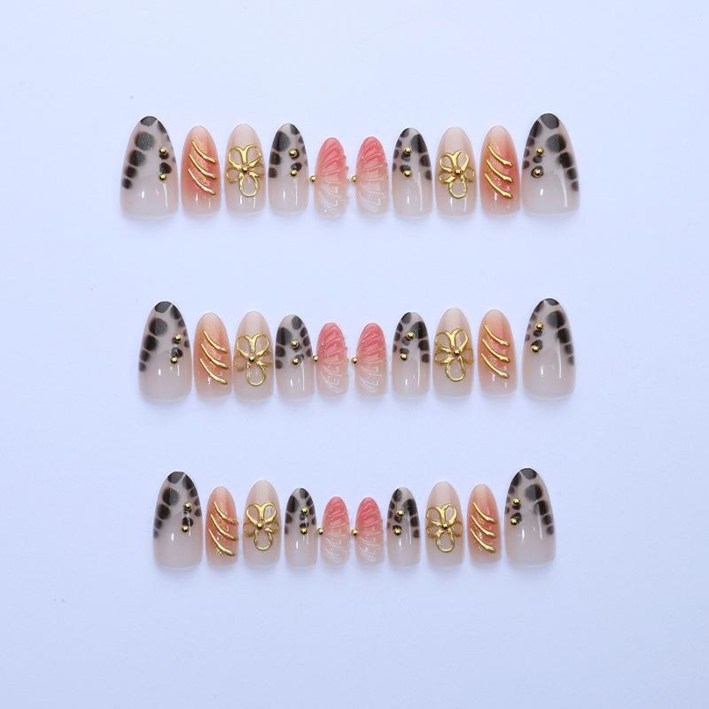 30 pieces of hot-selling leopard print French almond gilt wearing nail 3d three-dimensional exquisite flower handmade nail art