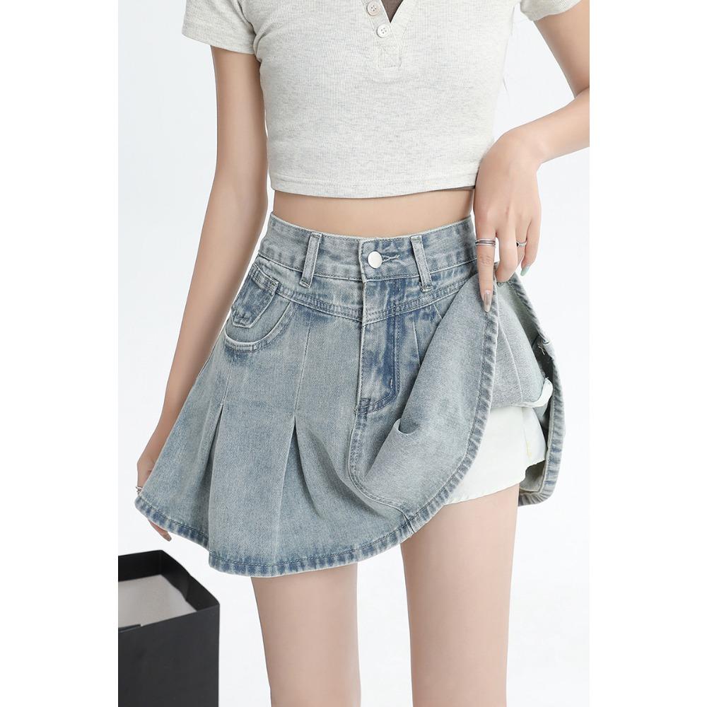 Damen Minirock mit hohem Bund, Falten, A-Linie, Vintage gewaschener Denim, Anti-Scheuer-Effekt, Lässiger Sommerrock