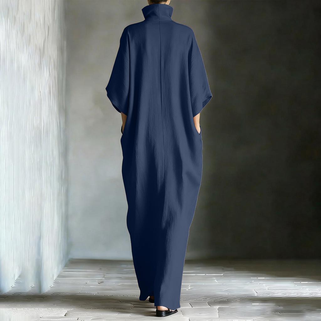 Fashionable Women's Mid Sleeved V-neck Long Skirt With Loose Fitting Pullover Dress