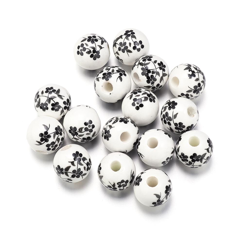 50Pcs 10mm Round Ceramic Beads Colorful Plum Blossom Sunflower Pattern Loose Porcelain Beads For DIY Bracelet Necklace Jewelry