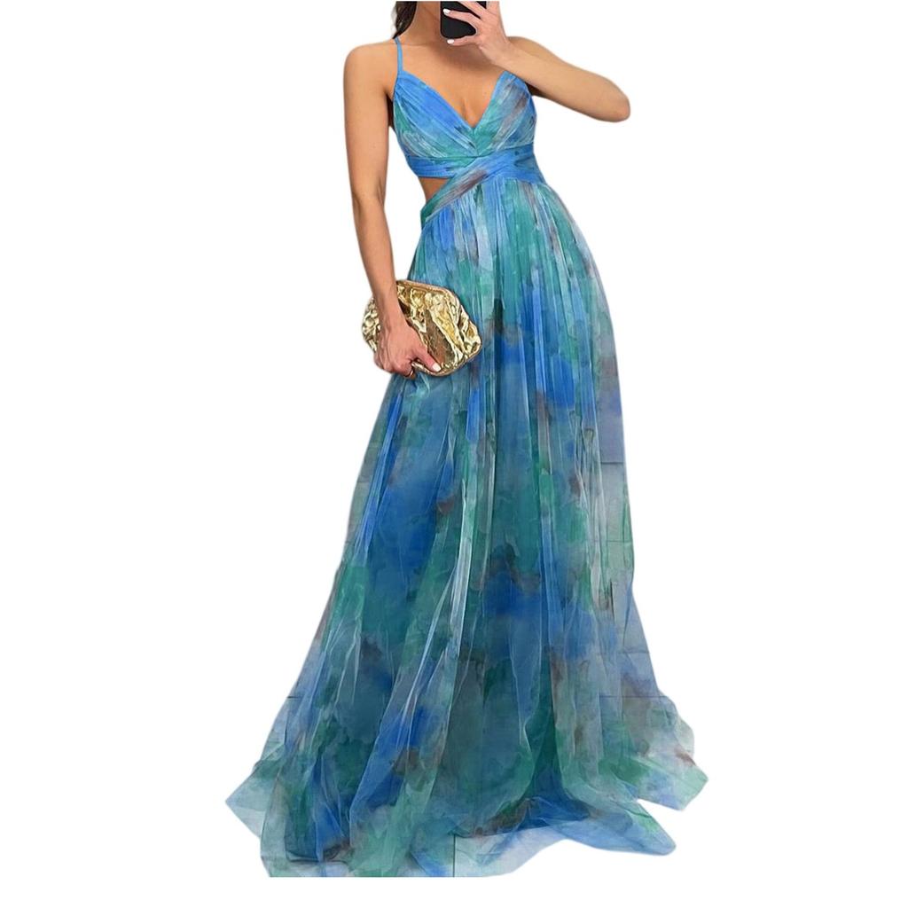 Women's Summer Dress V-neck Mesh Printed Suspender Holiday Casual Party Dress