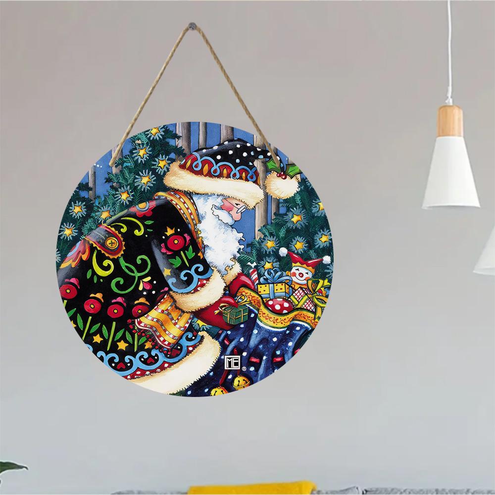 Vintage Santa Gift Print Round Wooden Hanging Plaque Colorful Holiday Wall Decor Festive Interior Art Ornament for Christmas Party Home Decoration