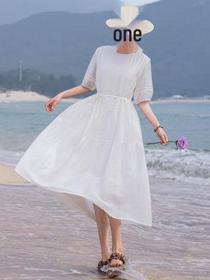 Women's White Cotton Linen Puff Sleeve Belted Midi Dress