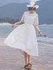 Women's White Cotton Linen Puff Sleeve Belted Midi Dress