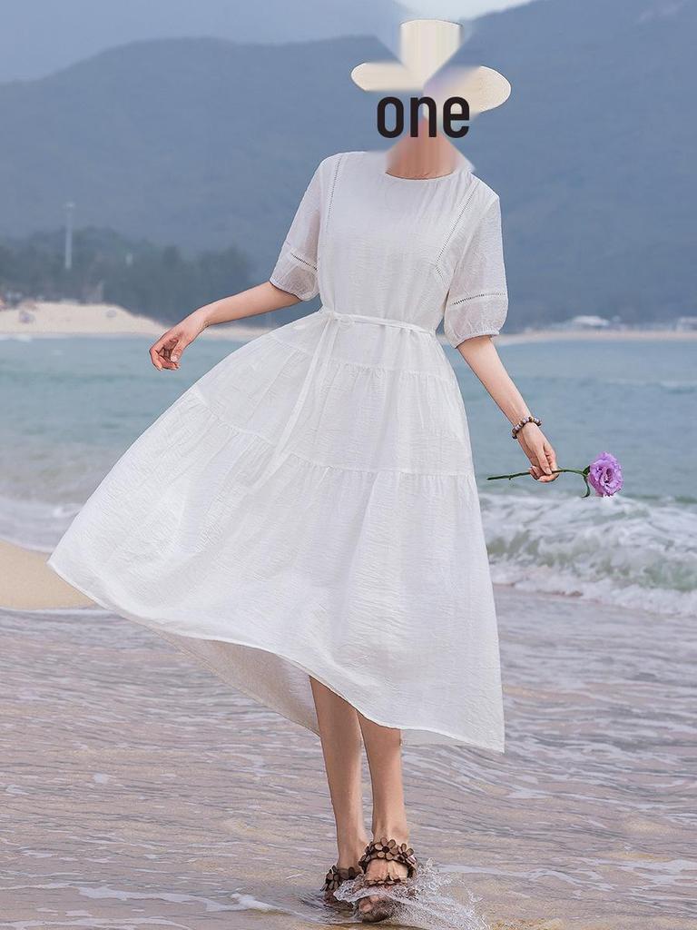 Women's White Cotton Linen Puff Sleeve Belted Midi Dress