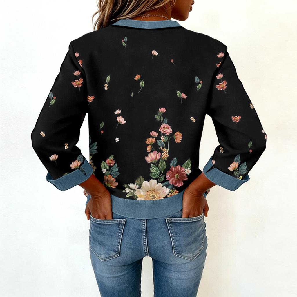Dames sweatshirt met denim kraag en patchworkstiksels, casual trui met lange mouwen.