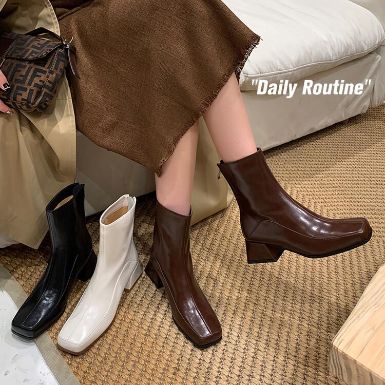 South Korea Dongdaemun thick heel square head short boots women's zipper leather Internet celebrity boots versatile Korean women's leather boots