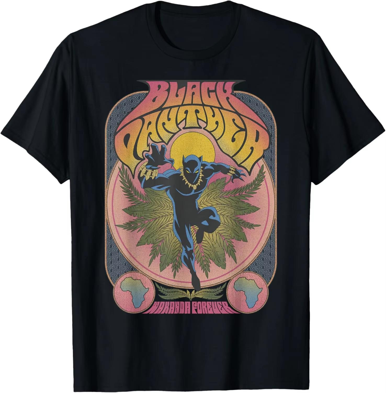 

2026 new Marvel Panther Wakanda Forever TShirt Men Women Retro Psychedelic Graphic Tees Casual Tops High quality S