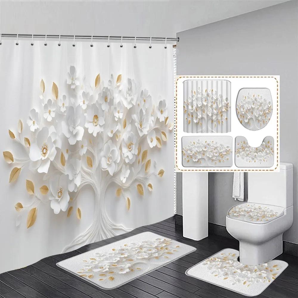 Luxury Pink Floral Butterfly Shower Curtain Set Diamond Flower Art Bathroom Decor Bath Curtains Bath Mats Toilet Lid Cover