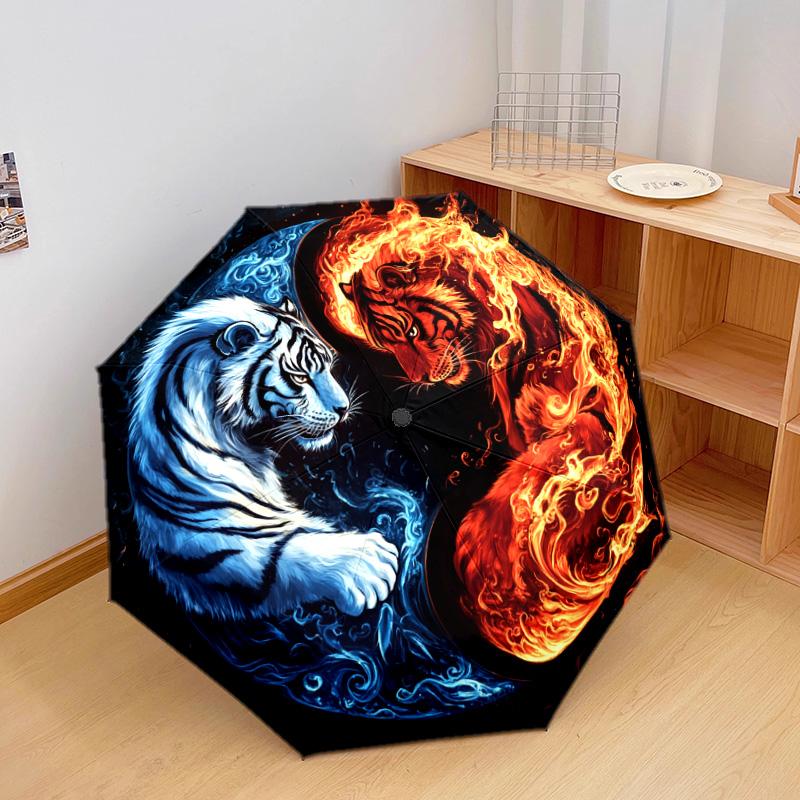 1 PC Automatic Folding Umbrella - Yin Yang Tiger Pattern, Portable & Foldable Design with 8 Ribs, Christmas Birthday Gifts