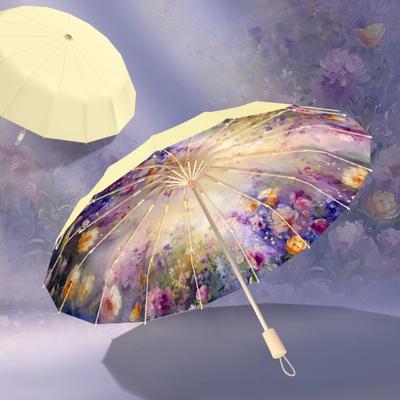 Women Oil Painting Flowers 16 Ribs UV Protection Pongee Fabric Foldable Sun Rain Umbrella Color Coated