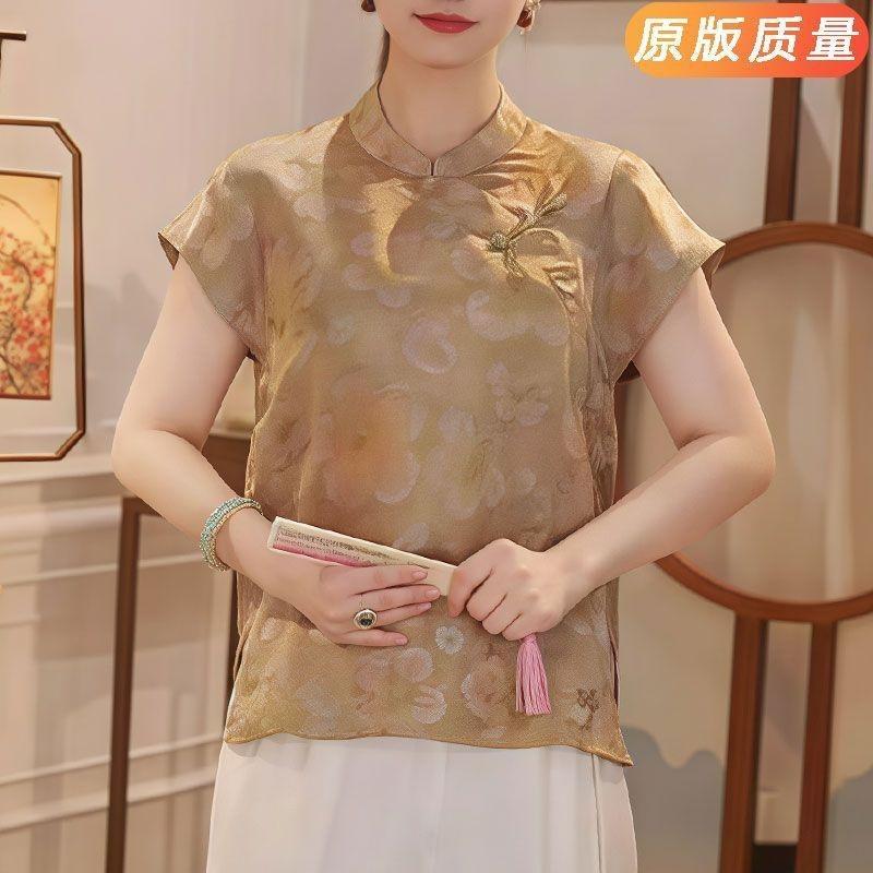 

Мамин стиль топ диагональный снаружи с универсальным топом с короткими рукавами воротник-стойка темпераментная рубашка женская летняя M [Recommended below 50kg]