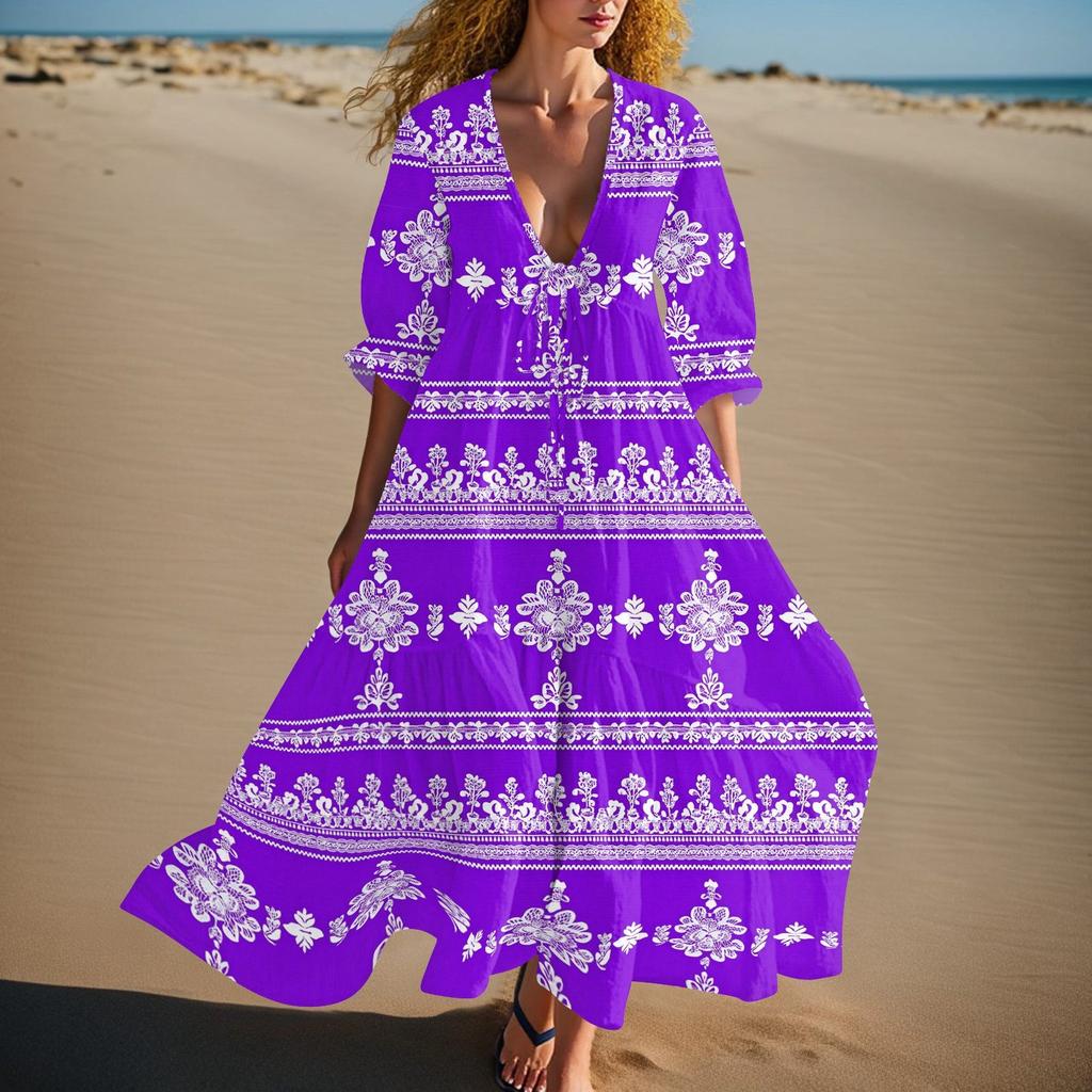 Women's Summer Fashion V-neck Retro Floral Print Short Sleeved Beach Dress With Lace Patchwork Dress