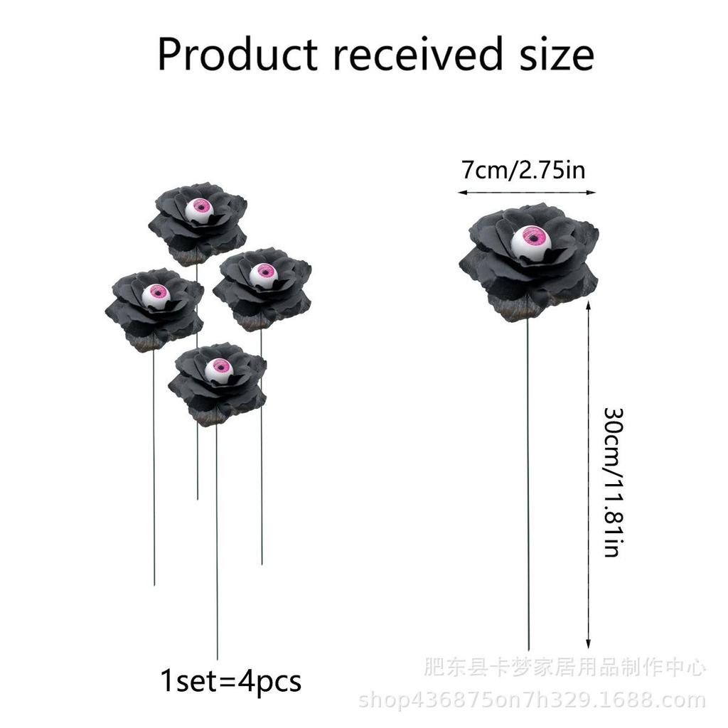 4Pcs/set Halloween Rose Flower Ground Pole Black Rose PVC Simulation Eyeball Flower DIY Garden Courtyard Halloween Decor Gifts