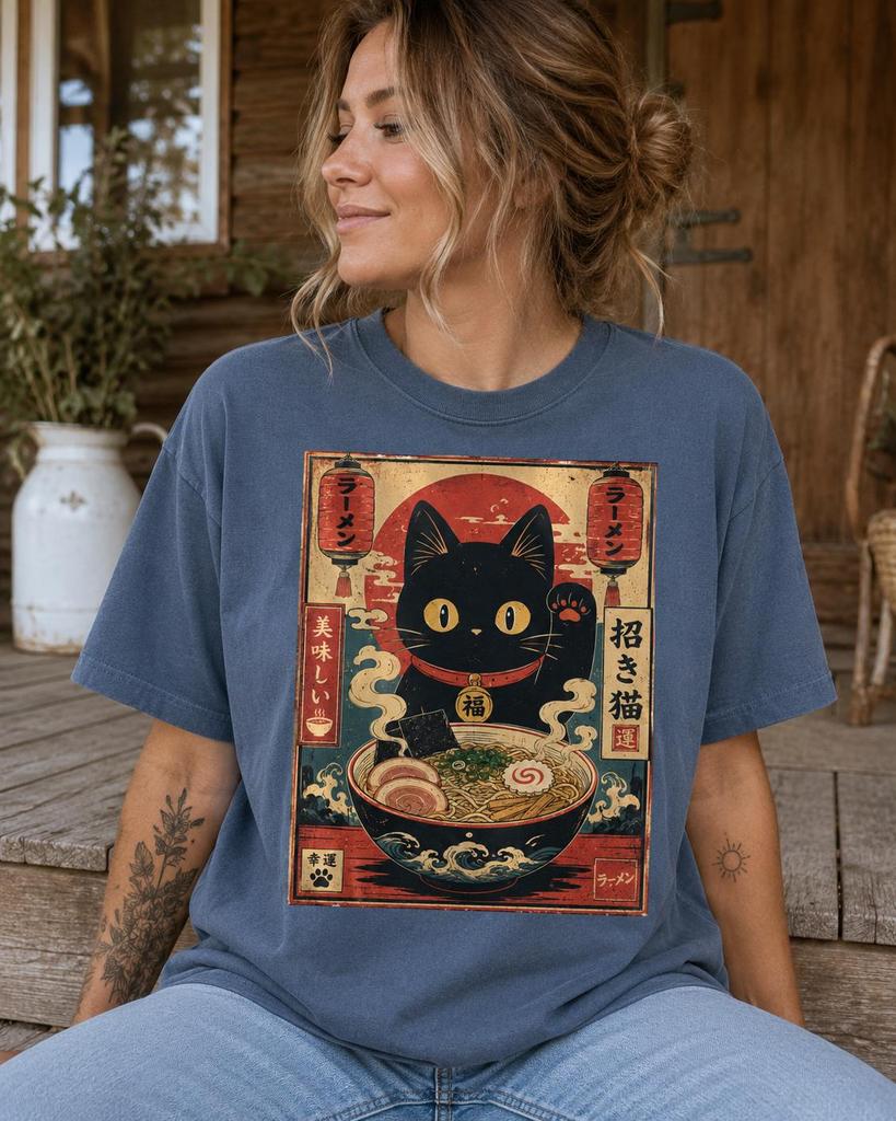 Lucky Ramen Cat Shirt, Cute Black Cat Noodle Tee, Japanese Food Comfort Colors T-Shirt, Kawaii Cat Lover Gift