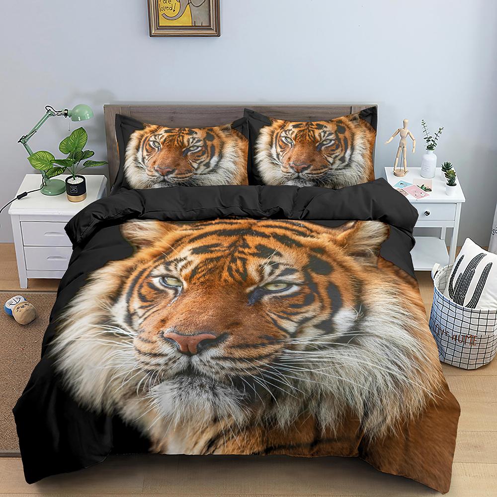 Comforter 3D Tiger King Queen White Black Wild Animal Bedding Set For Kids Teens Adults Wildlife Grey 2/3Pcs Soft