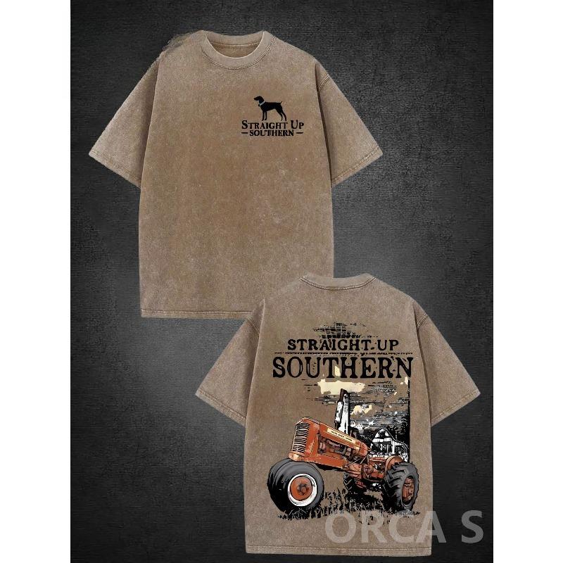European Size Tractor Farming Print Distressed Men'S Washed T-Shirt, Loose Fit, Crew Neck, Short Sleeve, Suitable for Leisure, Outdoor Sports