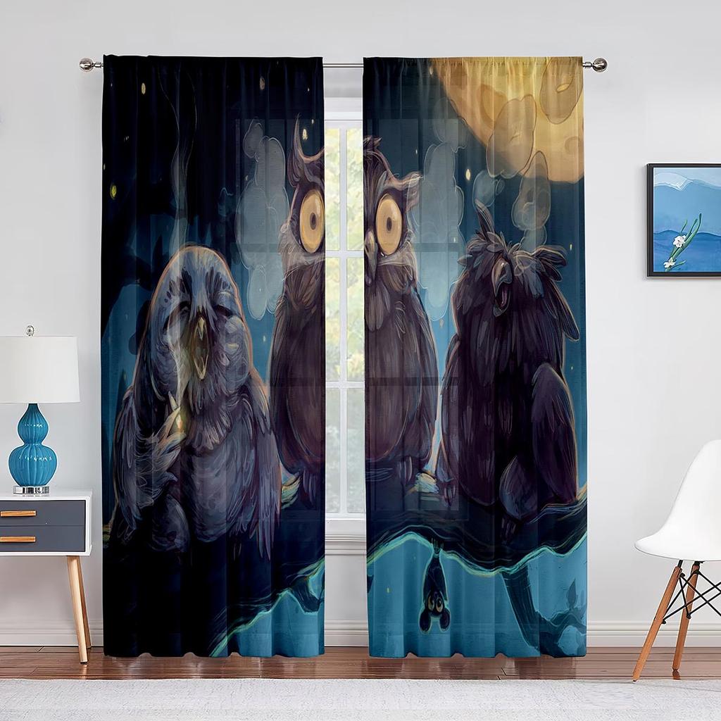 Cartoon Bunte Eulen Sitzen auf Ast Tüll Transparente Fenstervorhänge für Wohnzimmer Schlafzimmer Modern Tüll Voile Vorhänge Dekor