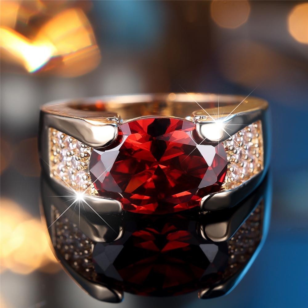 Süßer Damenring mit rotem Zirkon-Ovalstein, goldfarben, Verlobungs-Charme, Hochzeit, für Frauen