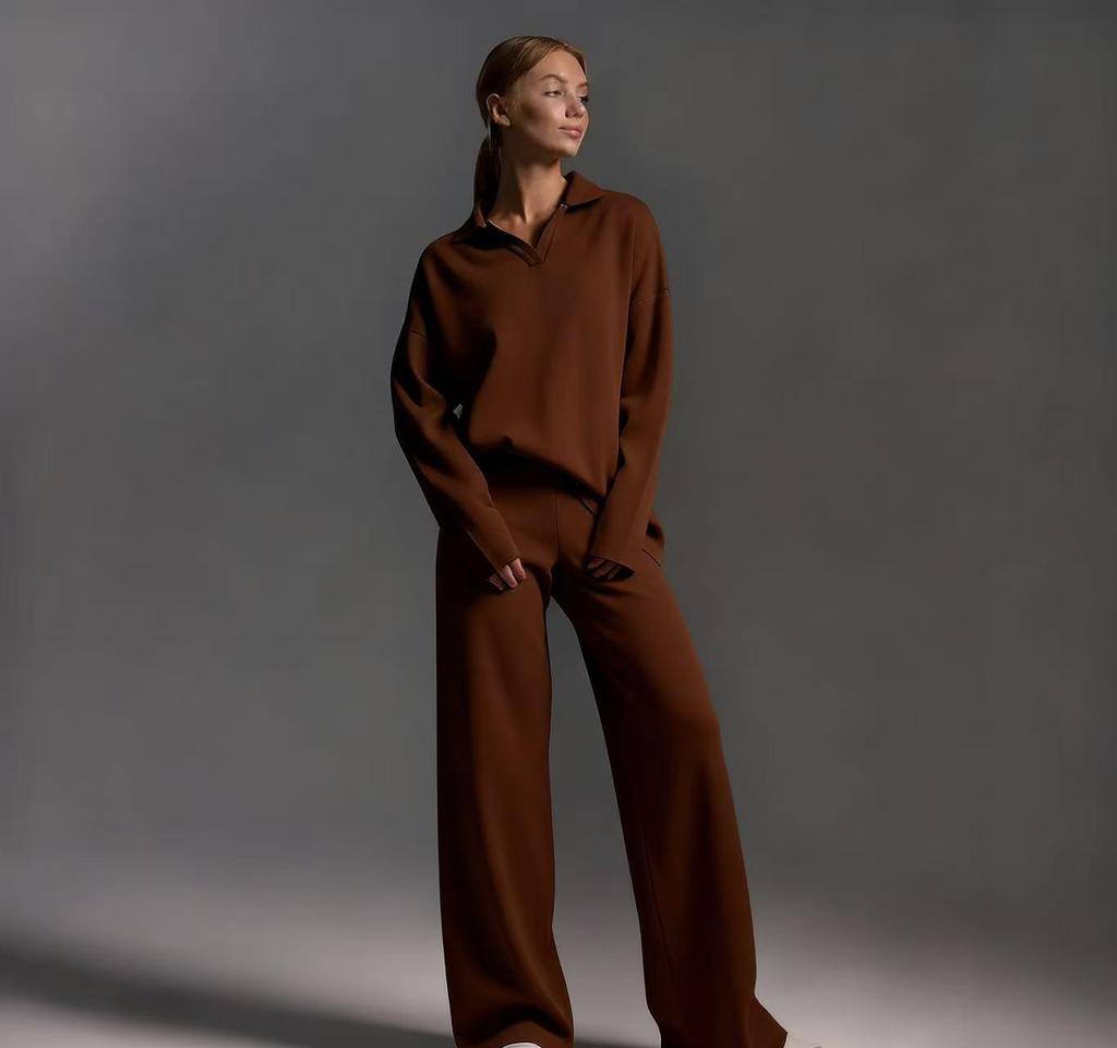 European & American Polo Collar Casual Pullover with Wide-Leg Pants Two-Piece Set for Women - Autumn/Winter 2025 Collection