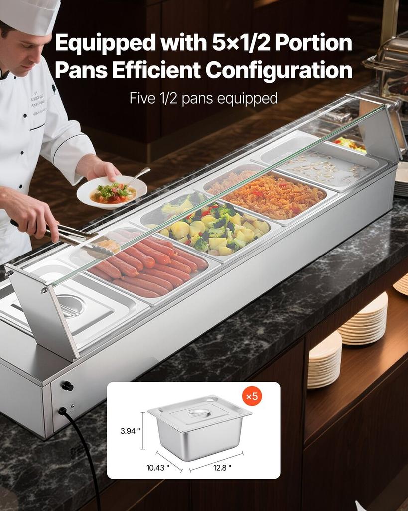 Commercial Food Warmer, 1500W Electric Stainless Steel Steam Food Warmer with Glass Cover, Countertop Buffet Bain Marie with Five 1/2 Size Food Pans,
