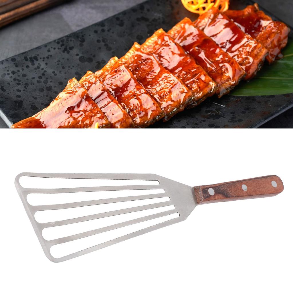 Fish Spatula Stainless Steel for Cooking with Wood Handle Multifunctional Barbecue Turner