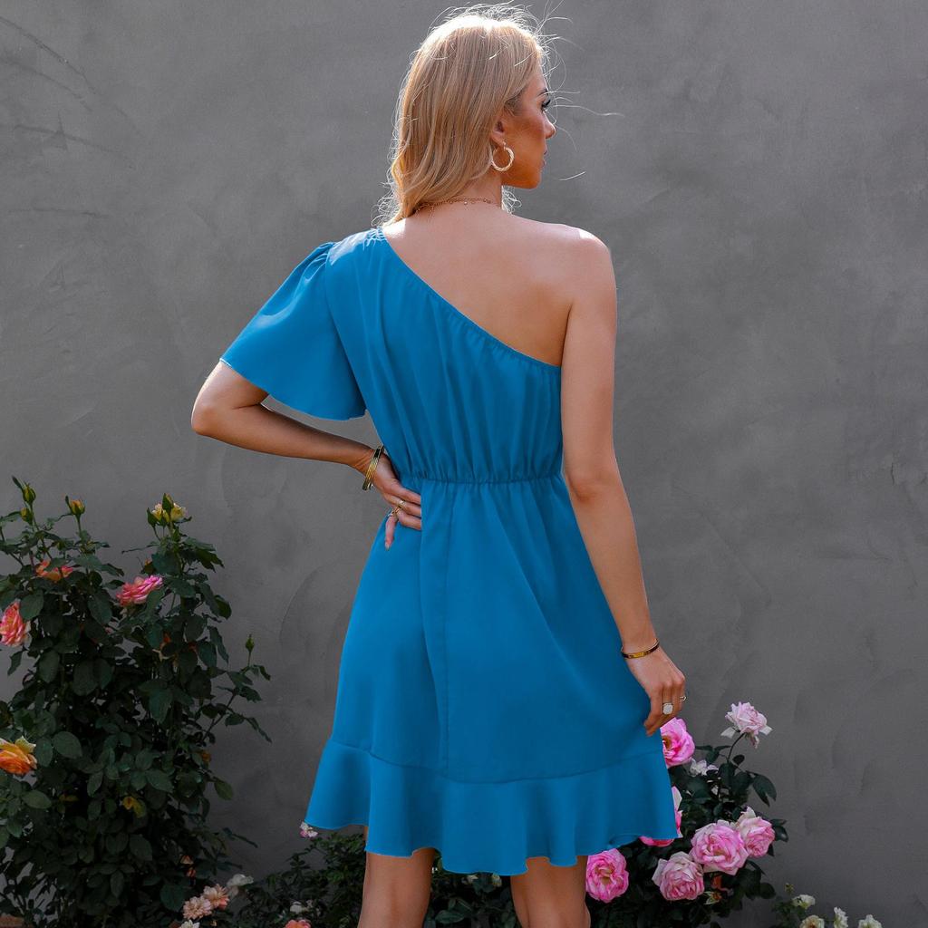 Woman Bodycon Lotus Dress Summer Fashion Short Sleeve One Shoulder Party Mini Dresses Casual Female Boho Beach Dress