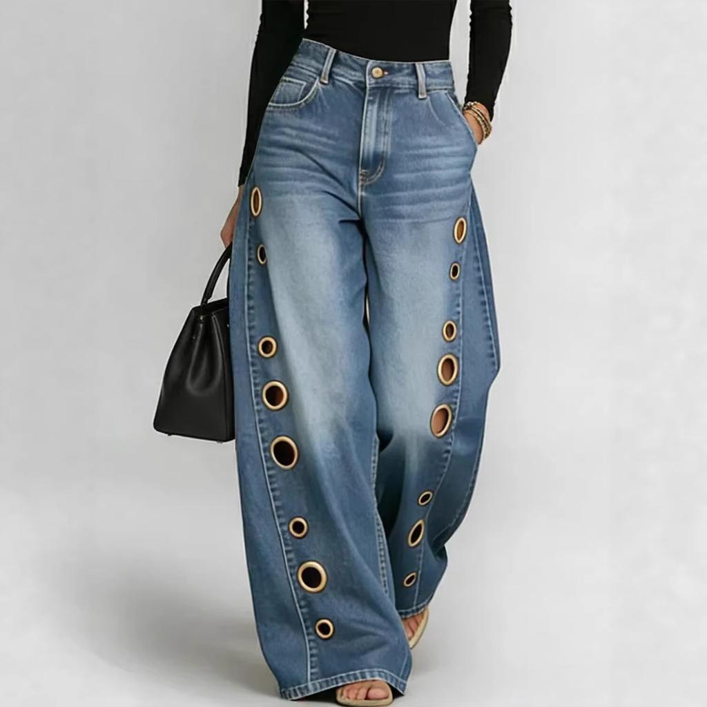 Women's Wide Leg Jeans with Metal Eyelet Detail Denim Pants for Streetwear