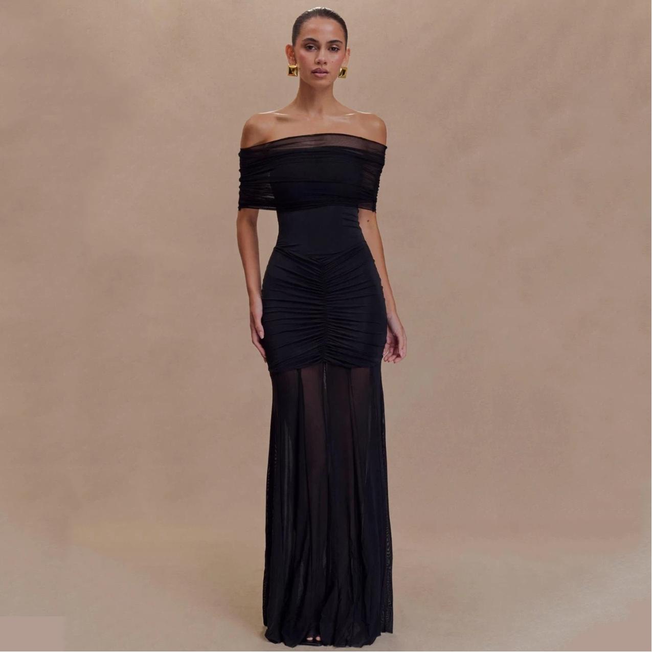 Women s Strapless Mesh Patchwork Slim And Elegant Dress French Summer Dress L