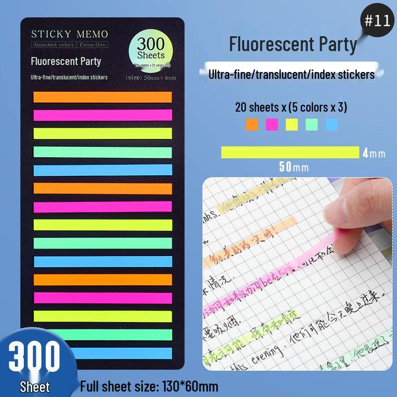 Fluorescent PET Waterproof Sticky Notes, Extra-Thin Long Tabs, 300 Pieces, Convenient Key Point Markers.