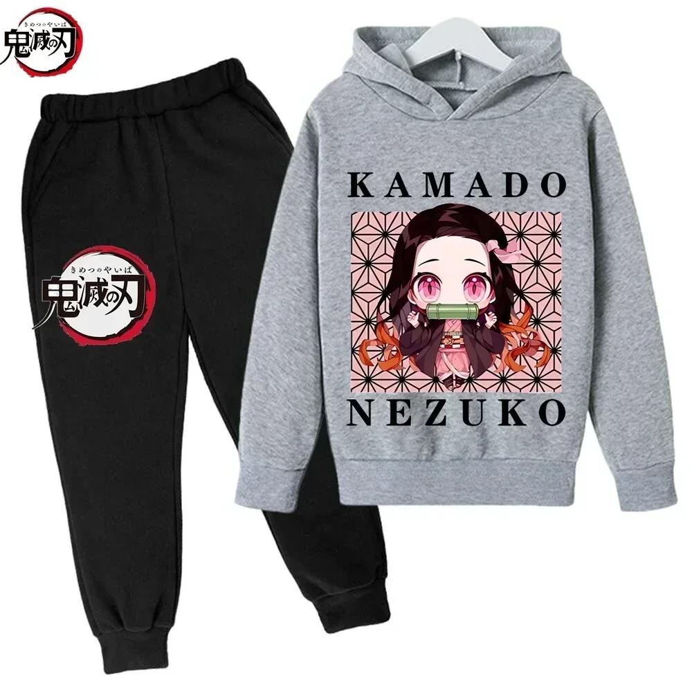 Sudadera con capucha para niño del anime Demon Slayer de Tanjiro y Nezuko Sudadera Infantil Estilo Callejero Coreano Kpop Sudadera para Niña Ropa de Calle Conjunto