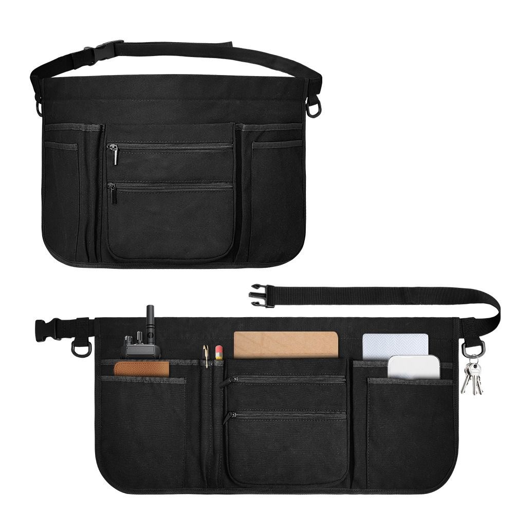 Convenient Multiple Pockets Waitress Apron Oxford Cloth Adjustable Belt Half Apron Lightweight Black Server Apron Catering