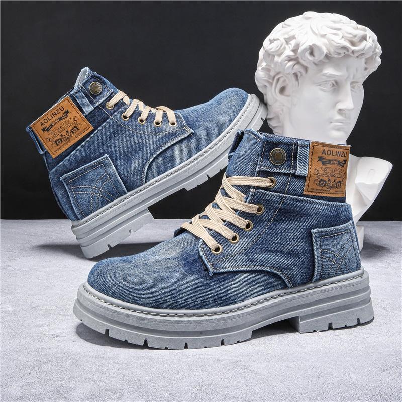  Men's Denim Martin Boots Lace Up High Top Non Slip Casual Ankle Boots